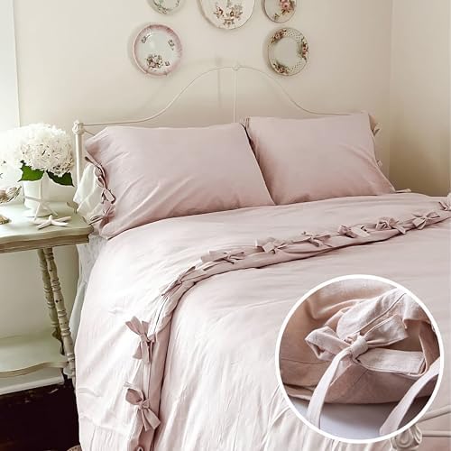 BISELINA 100% Washed Cotton Duvet Cover Set 3pcs with Bowknot Ties