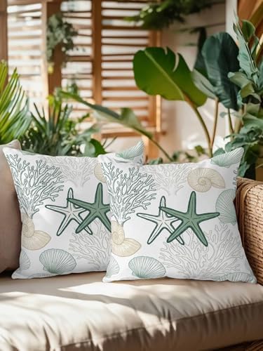 18x18 Throw Pillows Set of 2, Green Coastal Waterproof Outdoor Pillow
