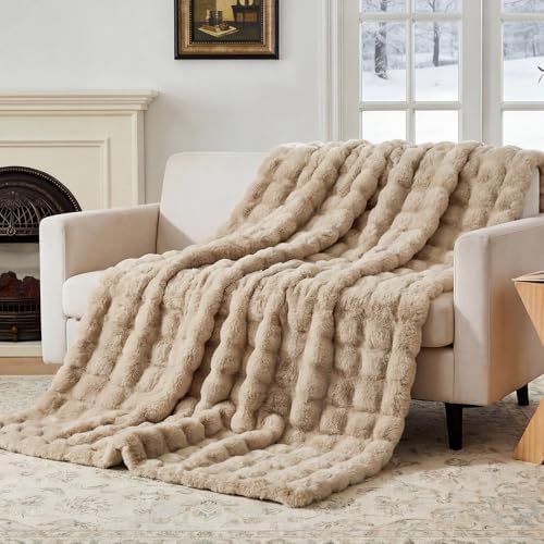 Luxury Fluffy Faux Fur Throw Blanket, Soft Plush Thick Minky Bubble