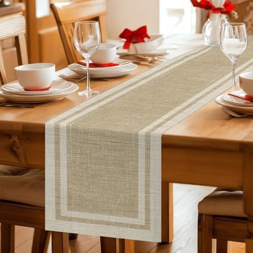 Beige Vintage Table Runner 108 Inches, Rustic Farmhouse Retro Art