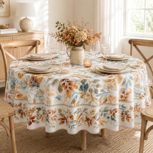 Colourful Leave Round Tablecloth 70 Inch Beige Eucalyptus Leaves Table