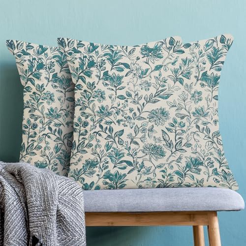 BETGINY Vintage Floral Pillow Covers 18x18 Inch 2 Pcs, Aqua Teal