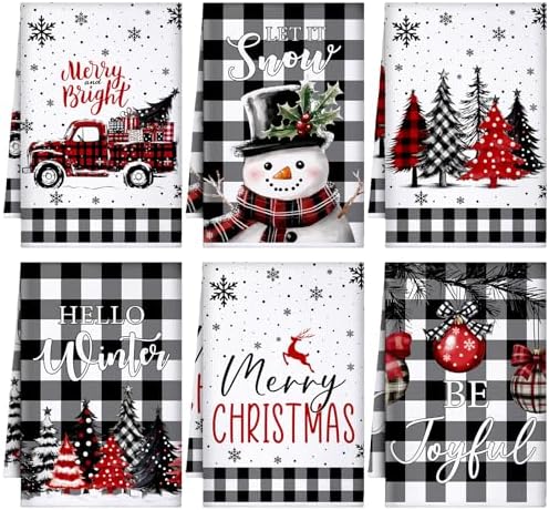 Bencailor 6 Pcs Christmas Kitchen Towels, Black White Plaid