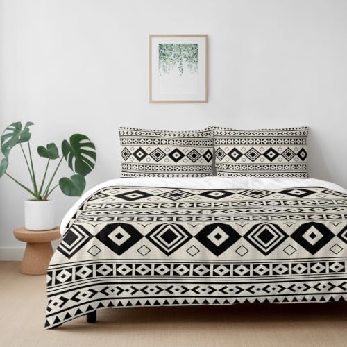 Boho Ethnic Tribe Duvet Cover Queen Size, Beige Zen Southwest Middle