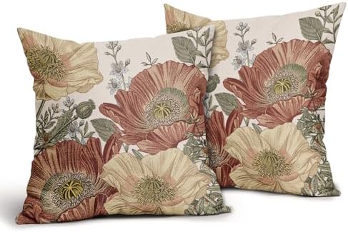 Vintage Floral Pillow Covers 18X18 Inch Set of 2 Red Rust Brown Yellow