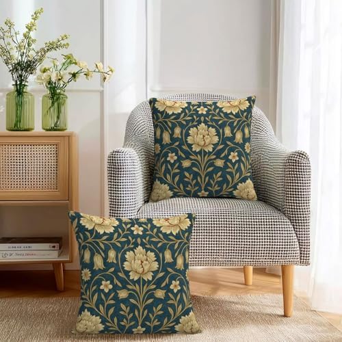 Blue Brown Red Vintage Floral Decorative Pillow Covers 18x18 Inch Set