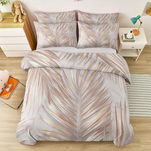 Duvet Cover Set Plants 3D Minimalist Palm Leaves - Light Gray Soft