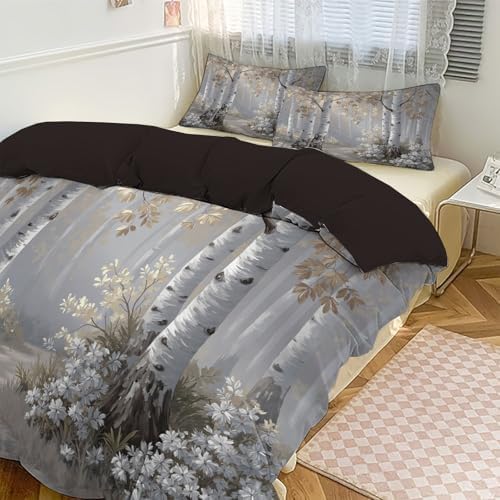 Light Gray Duvet Cover King Size Set - Soft Bedding with Birch Forest