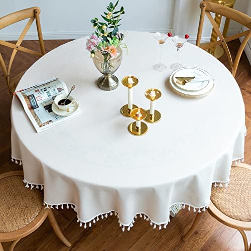 Jeloris Round Solid Color Tablecloth with Tassels Wrinkle Free Heavy