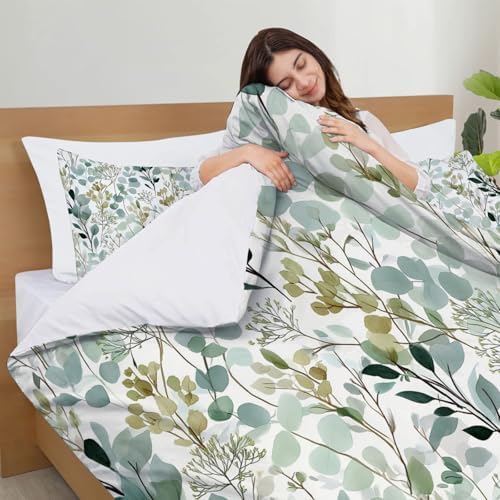 Duvet Cover Set King, Watercolor Eucalyptus Leaves Brushed Microfiber