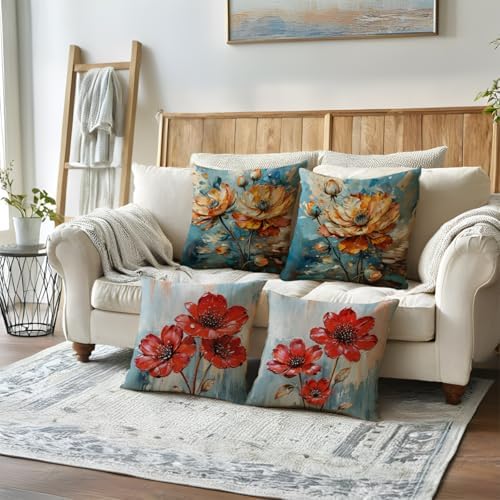ULOVE LOVE YOURSELF 2Pack Flowers Decorative Pillow Covers Modern Red