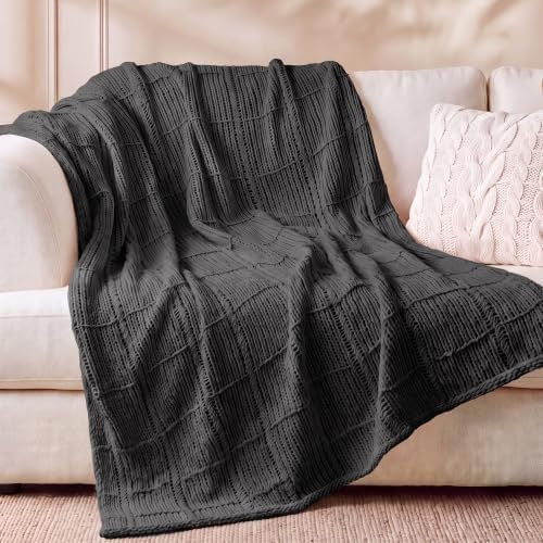 Chenille Knit Throw Blanket, Soft Cable Knit Blanket with Openwork