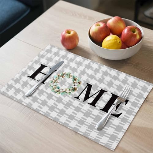 Placemats Set of 8, Spring Eucalyptus Leaf Wreath Home Quote Gray