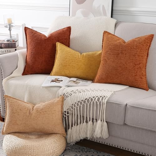 MADIZZ Pack of 2 Chenille Velvet Throw Pillow Covers 18x18 Inch Rust