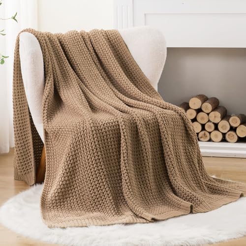 Beige Throw Blanket for Couch, Tan Waffle Knitted Throw Blankets