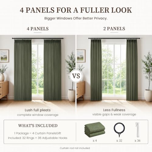 Extra Long 108 Inch Pinch Pleated Linen Olive Green 4 Panels Set