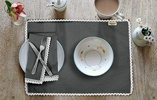 Gray Solid Home Decor Everyday Washable Lace Placemats with Napkins