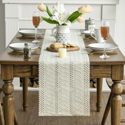 Artoid Mode Beige Woven Farmhouse Hollow Table Runner 12x36 Inch