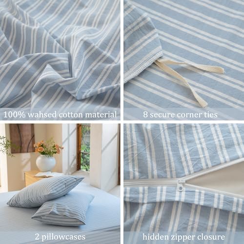 Luxury 100% Washed Cotton Linen Like Duvet Cover Set,3 Pcs Striped
