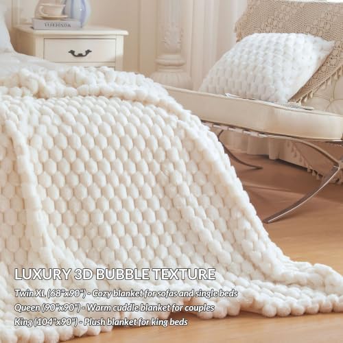 XeGe Luxury Bubble Fluffy Faux Rabbit Fur Bed Blanket King Size, Beige