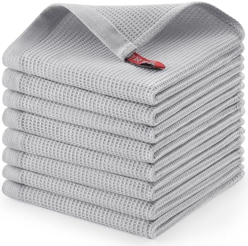 Homaxy 100% Cotton Waffle Weave Dish Cloths, 8 Pack, Light Grey
