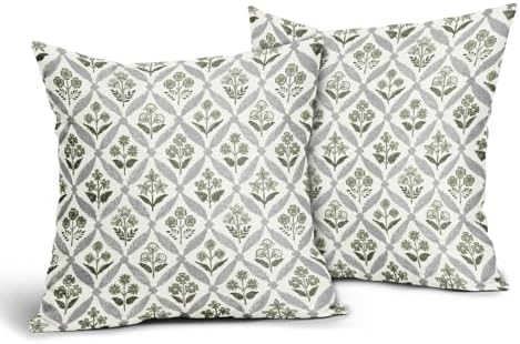 Sage Green Grey Gray Floral Block Print Pillow Covers 18X18 Set of 2