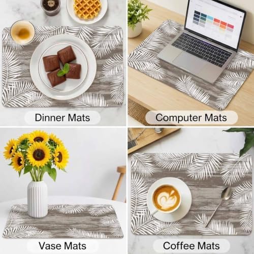 Minimalist White Palm Leaves Leather Placemats Set of 6, 12x18 Inch