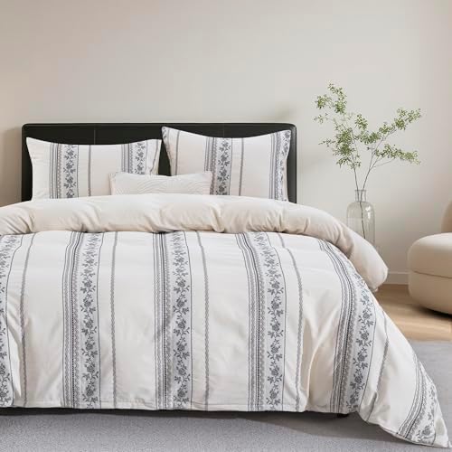 Cotton Linen Duvet Cover King Size, Natural Rose Vine Stripe Textured