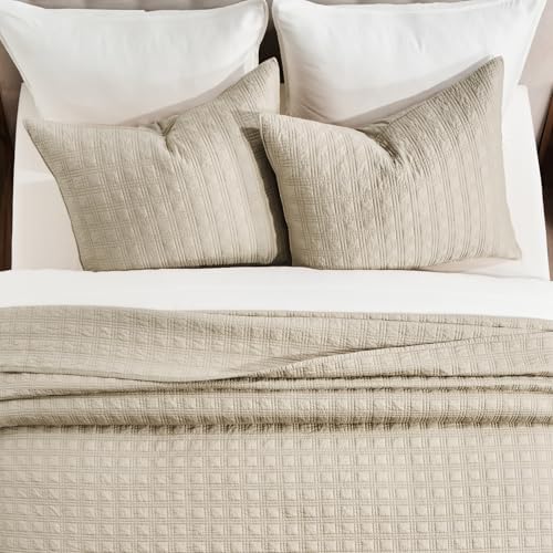 EVERGRACEHOME Cotton Sateen Windowpane Quilt Set King Size, Light