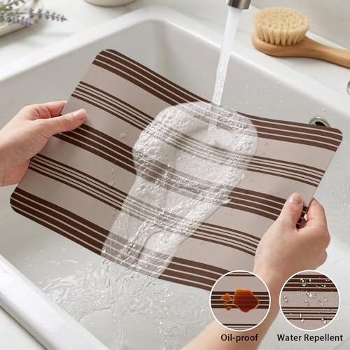 Brown and Beige Stripe Leather Placemats Set of 6,12x18 Inch,Modern