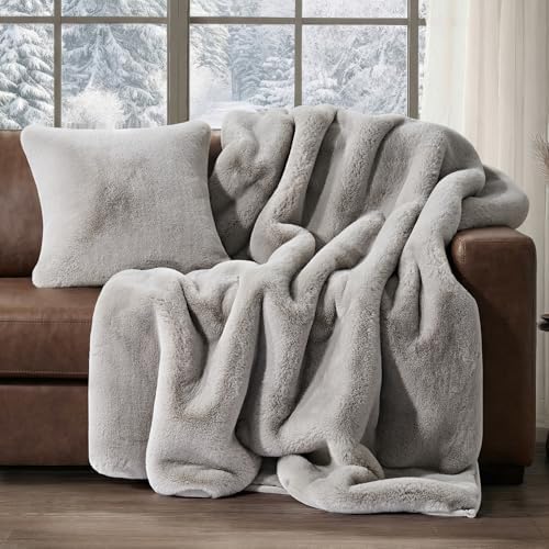 EVERGRACEHOME Faux Chinchilla Fur Throw Blanket, 60"x80", Silver Taupe