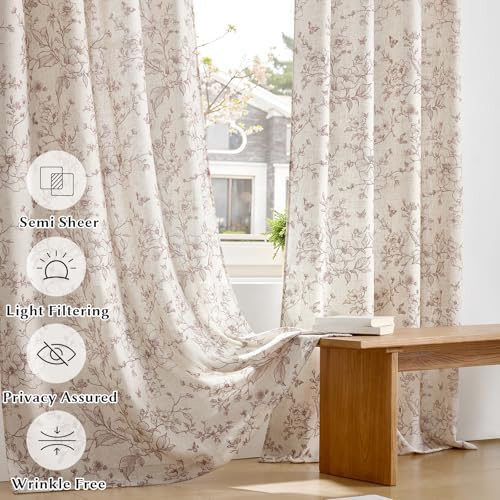 GIGIZAZA Linen Blend Living Room Curtains 96 Inch 2 Panels, Floral