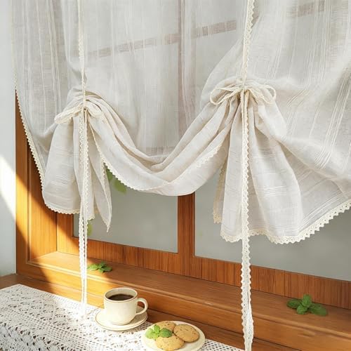 1 Panel Beige Striped Tie-up Linen Curtain with Crocheted Lace Trim