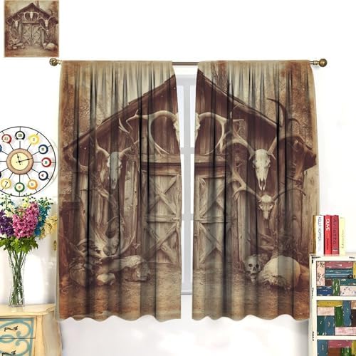 Minimalist Wooden Blackout Window Curtain Panels, Brown Antler Rod