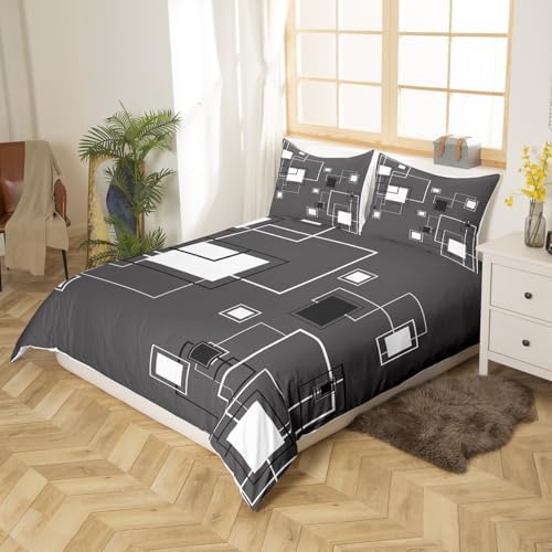 Square Geometric Duvet Cover Queen Size,Gray White Grid Comforter