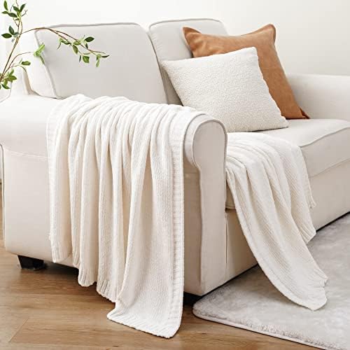 Chenille Throw Blanket for Couch, Knit Throw Blanket 51"x67", Ivory