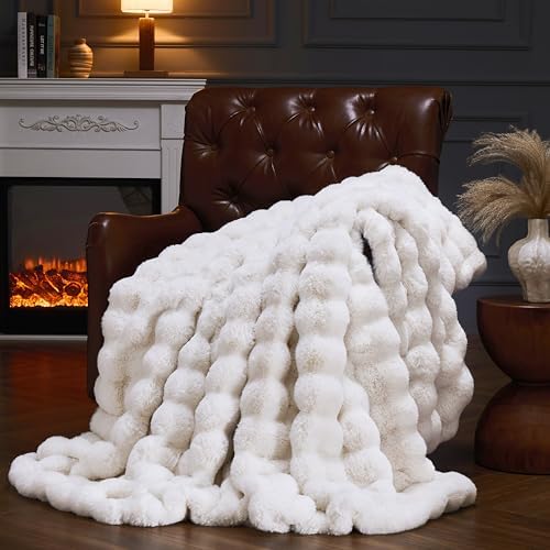 Faux Fur Throw Blanket for Couch, Fluffy Fuzzy Plush Bubble Blanket