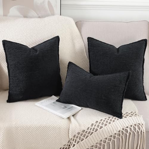 MADIZZ Pack of 2 Chenille Velvet Throw Pillow Covers 18x18 Inch Black
