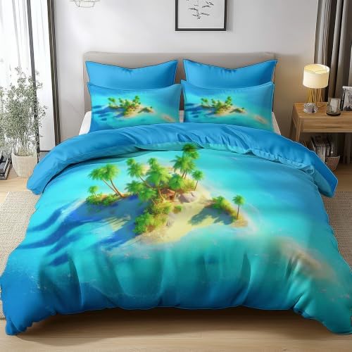 King Duvet Cover Set Soft Microfiber Tropical Islands Blue