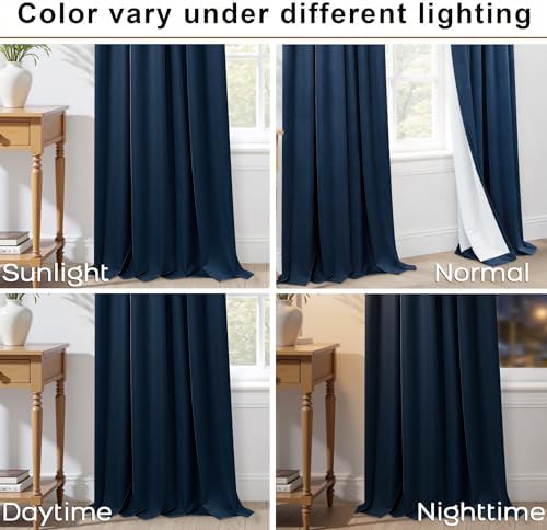 Mrs.Naturall Navy Blue Pinch Pleated Linen Blackout Curtains 84 Inch