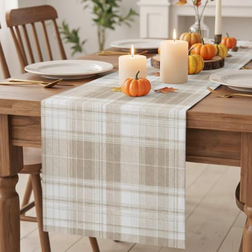 Khaki Plaid Table Runner Brown Tan White Rustic Chic Country Farmhouse