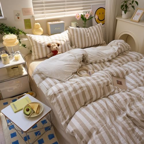 VM VOUGEMARKET Khaki Striped Duvet Cover Set,Queen(90"x90"),Khaki