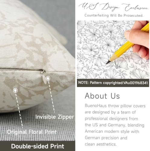Neutral Floral Double Sided Block Print Pillow Covers 18x18 Set of 2