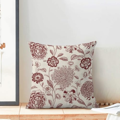 Floral Pillow Covers 18x18 Inch Set of 2 Vintage Burgundy Red Flower