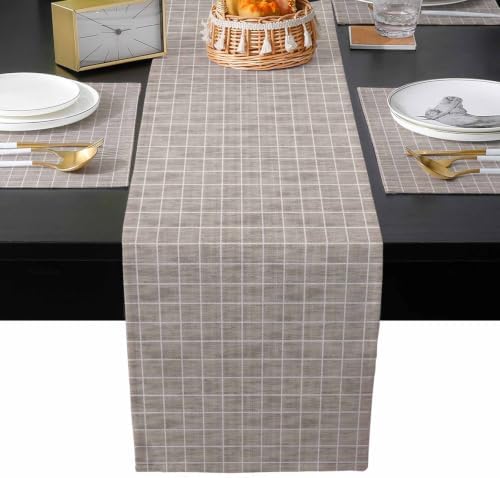Taupe Plaid Table Mats Set of 6 with Table Runner 90 Inches