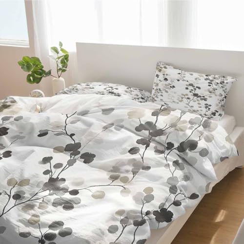 Duvet Cover Set Full, Gray Brown Botanical Watercolor 3 Piece Bedding
