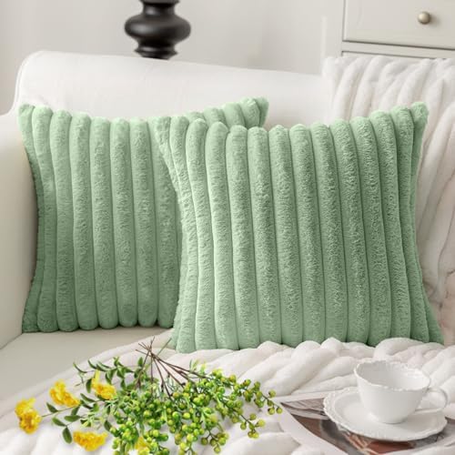 MOSAYT Faux Fur Pillow Covers 18x18 Set of 2, Sage Green