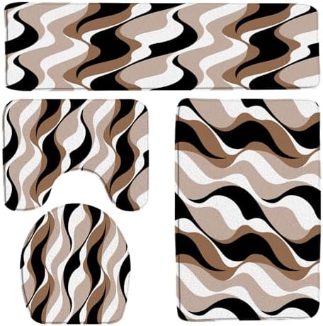 4Pcs Brown Abstract Stripes Bath Mat Set Boho Geometric Neutral Modern