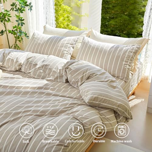 DONEUS Striped Duvet Cover Set 100% Washed Cotton Linen Like Full Size