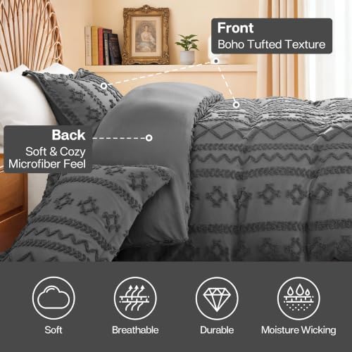MR&HM Boho Duvet Cover Queen, Vintage Tufted Bedding, 3-Piece, Dark